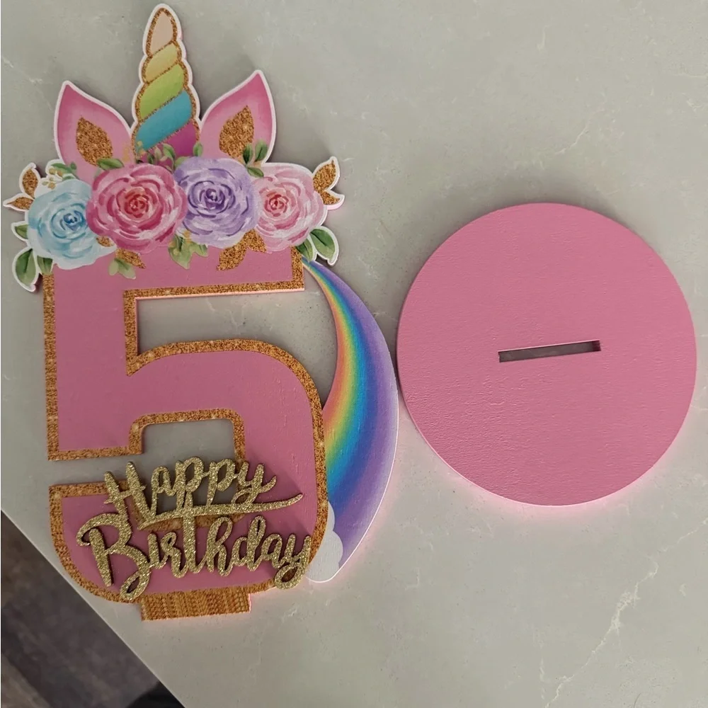 Unicorn Rainbow Number 5 Birthday Centerpiece - Pink